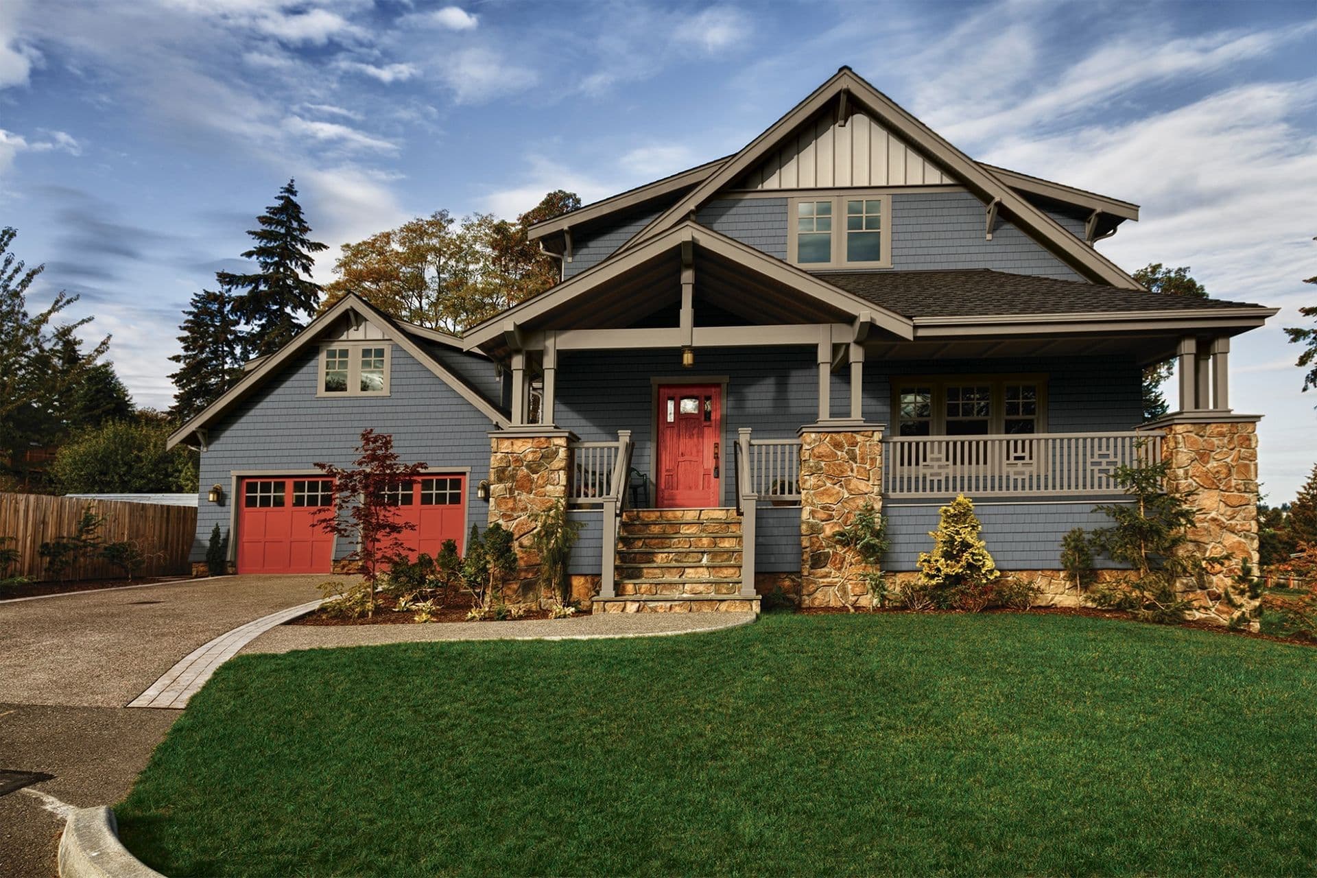 Alside siding blue siding with red doors