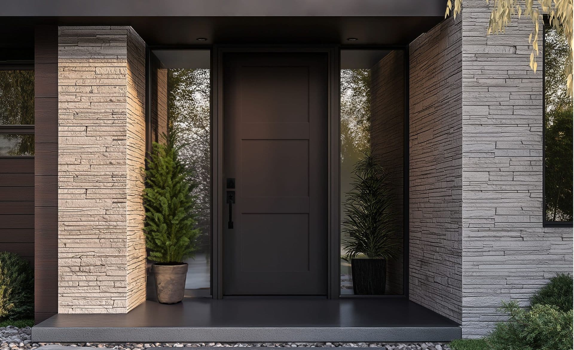 A Contemporary home with a Weston Brushed Smooth Fiberglass Exterior Door, in a 3-Panel Horizontal style, prefinished in Symphony – 176.